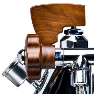 Lelit Flow Control Kit installed on Mara X with walnut wood knobs and chrome fittings