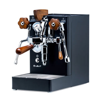 Lelit Mara X espresso machine with walnut wood panels and chrome fittings