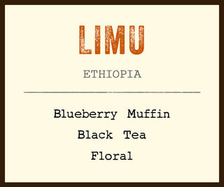 LIMU Ethiopia coffee label with bold orange LIMU and flavor notes Blueberry Muffin Black Tea Floral.