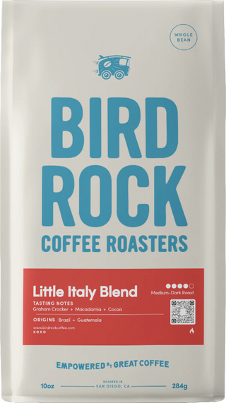 Bird Rock Coffee Roasters Little Italy Blend bag with blue logo and red tasting notes panel