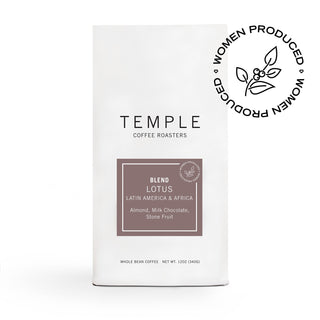 Temple Lotus Blend coffee bag front with brown label listing almond milk chocolate and stone fruit and a circular Women Produced stamp
