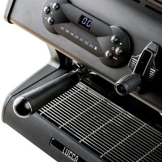 Close up of the LUCCA A53 Pro espresso machine control panel with a digital display and multiple control buttons.