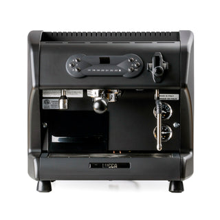 Rear view of LUCCA A53 Pro Espresso Machine showing the back control panel with lever and gauges.