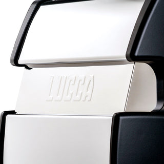 Close up of the LUCCA embossed logo on the white side panel of the espresso machine.