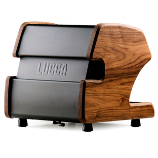 LUCCA A53 Pro espresso machine with a warm wood shell and a visible control panel.
