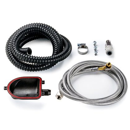 LUCCA A53 Pro Direct Plumb Kit with a black coiled water line, braided hose, and fittings on white background.