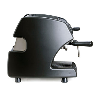 Side view of LUCCA A53 Direct Plumb Espresso Machine with a curved black body and exposed chrome lever.