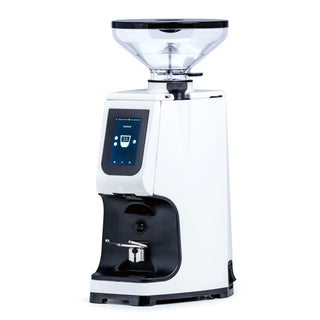 Front view of the white LUCCA Atom 75 espresso grinder with a clear hopper and touchscreen display