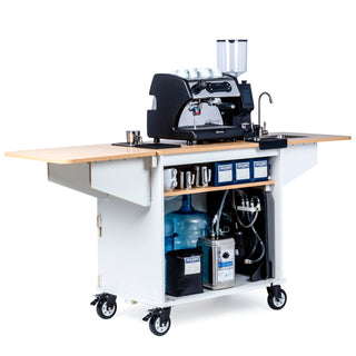 Rear view of the mobile cart with shelves holding coffee bags mugs and equipment.