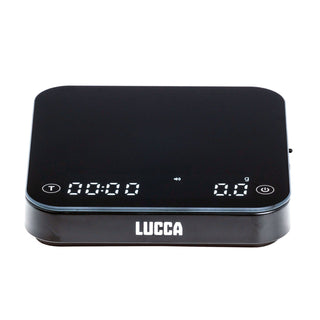 Black LUCCA digital scale with a flat surface and bright digital readout