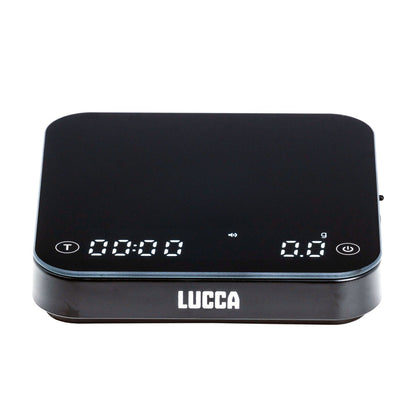Black LUCCA digital scale with a flat surface and bright digital readout