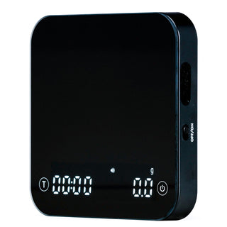 Close-up of the LUCCA Precision Scale side panel showing OFF ON switch on a black body.