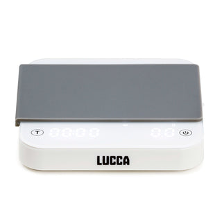 Close up view of LUCCA Precision Scale with gray weighing plate and bright LED display