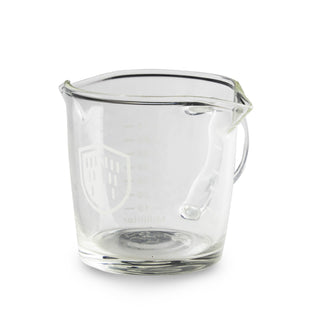 Close up of LUCCA 3 oz double-spout shot glass in clear borosilicate glass