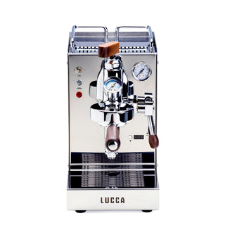 Front view of LUCCA Solo espresso machine with chrome finish, wooden lever handle, visible gauges, and LUCCA logo on the base