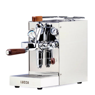 Open Box LUCCA Solo espresso machine with chrome body and wooden handles