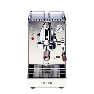 Front view of a polished chrome LUCCA Solo espresso machine with a pressure gauge and wooden portafilter handle.