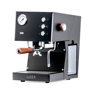 LUCCA Tempo espresso machine front panel with pressure gauge three metal knobs and a wooden portafilter (Black)