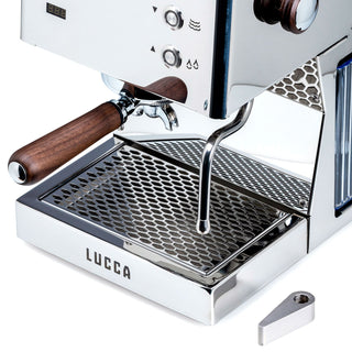 Angle view of LUCCA Tempo showing two chrome control knobs and a wood portafilter on a chrome body