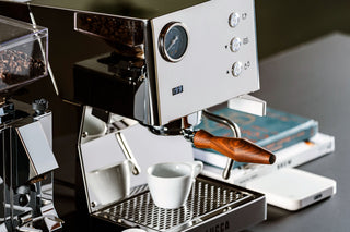 Close-up of LUCCA Tempo espresso machine front panel with a pressure gauge and wooden portafilter, beside a coffee bean hopper.