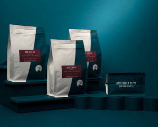 Mexico Oaxaca coffee bags with red labels stacked against a teal background