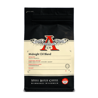 Midnight Oil Blend coffee bag by Anodyne with cream label and red A logo