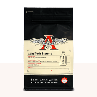 Mind Tonic Espresso bag from Anodyne Coffee Roasting Co with vintage label and dark packaging.