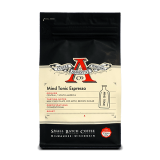 Mind Tonic Espresso bag from Anodyne Coffee Roasting Co with cream label and red Anodyne logo on black packaging