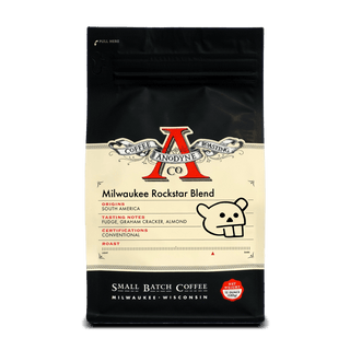 Milwaukee Rockstar Blend coffee bag with black top cream label and Anodyne Co logo