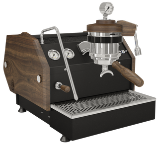 La Marzocco GS3 espresso machine with black body and wooden sides, chrome fittings and portafilter.