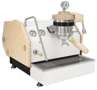 La Marzocco GS3 espresso machine with wooden side panels, chrome details, top gauge, and mounted portafilter.