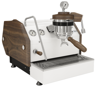 La Marzocco GS3 Manual Paddle espresso machine close up with wood panels and pressure gauge