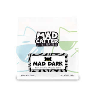 Mad Dark Blend coffee bag with bold MAD DARK logo and colorful graphic design