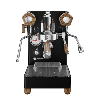 Lelit MaraX3 espresso machine with black body chrome portafilters and wooden handles