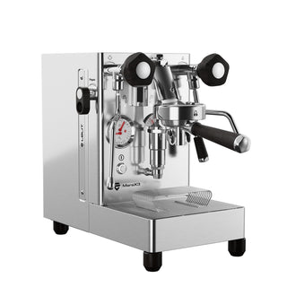 Lelit MaraX3 front view in white with wooden control knobs and chrome group head