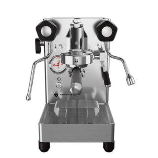 Lelit MaraX3 espresso machine with black stainless body wood accented handles and built in gauge