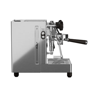 Lelit MaraX3 stainless steel espresso machine side view with visible group head and portafilter