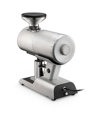 Mazzer Philos single-dose coffee grinder in brushed stainless steel with a black top cap