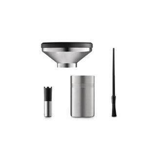 Mazzer Philos single-dose coffee grinder accessories including hopper funnel and cleaning brush arranged on white background