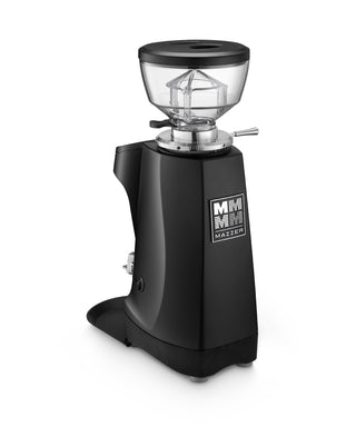 Mazzer Mini G compact grind by weight coffee grinder with clear hopper and black base