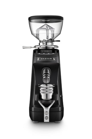 Mazzer Mini G white grind by weight espresso grinder with digital controls and portafilter mounted