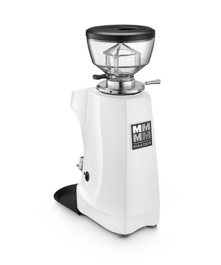 Mazzer Mini G espresso grinder with white body and large clear hopper topped by a black lid.