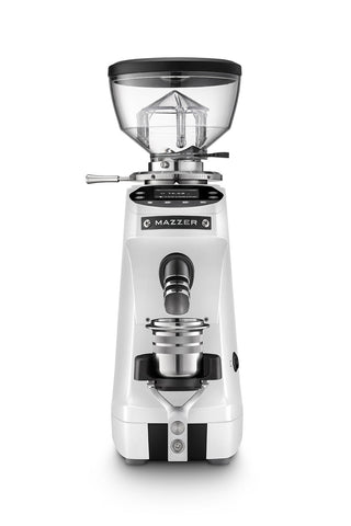 Front view of Mazzer Mini G grinder showing digital display, grind adjustment ring, and clear hopper.