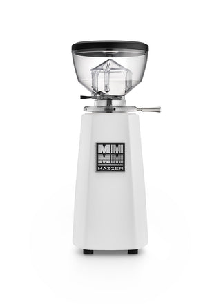 Mazzer Mini white on demand espresso grinder with clear hopper and black lid