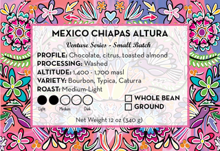 Colorful floral border label framing a white card with Mexico Chiapas Altura coffee details.