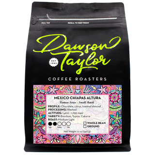 Black Mexico Chiapas Altura coffee bag with colorful decorative label and tasting notes.