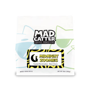 Midnight Zoomies coffee bag from Mad Catter Roasters blending Colombia and Sumatra with toasted marshmallow and black cherry notes