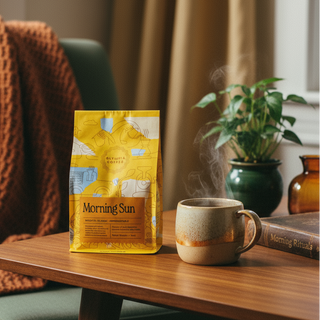 Morning Sun coffee bag on a wooden table beside a steaming mug and a potted plant.