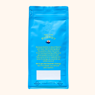 Blue resealable coffee bag labeled Guatemala Cachito with a circular vent on the front