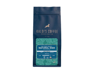 Kaldi's Fair Trade Organic Natural High bag in navy packaging with a teal label and gold branding
